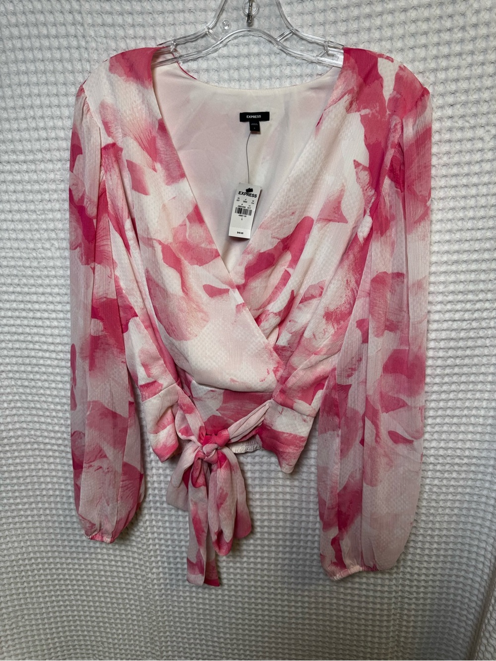 Express NWT Pink Watercolor Floral Tie-Front Wrap Blouse, Conscious Edit- Size L